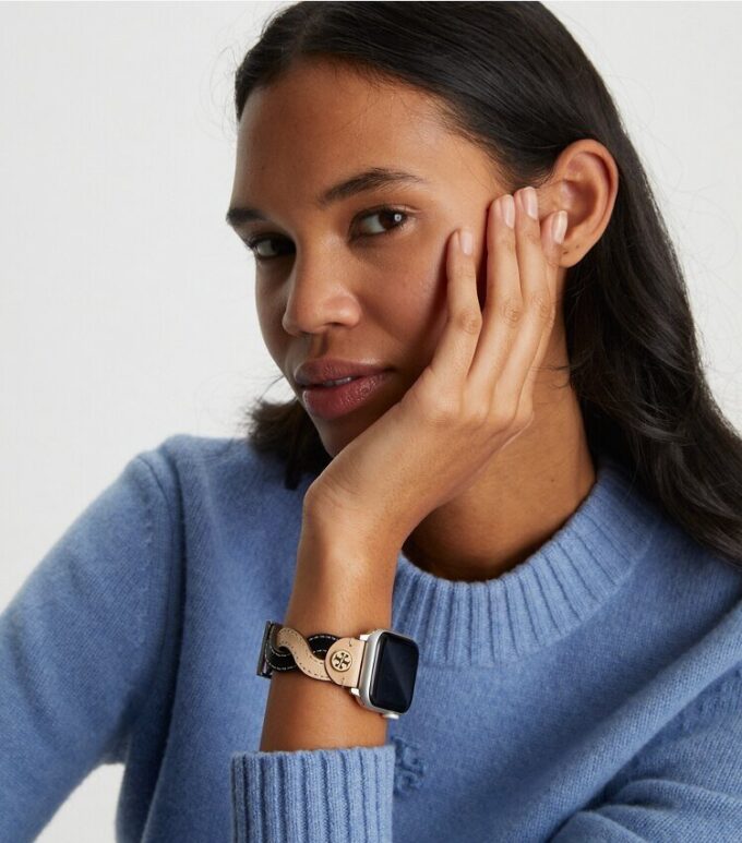 Flettet rem til Apple Watch®, creme/sort læder, 38 mm – 40 mm Flettet rem til Apple Watch®, creme/sort læder, 38 mm – 40 mm