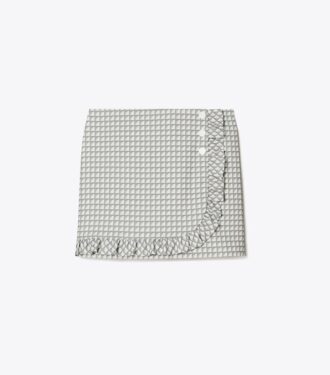 Golfnederdel i twill med print og flæser