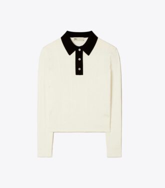 Langærmet bomulds-polo med pointelle Langærmet bomulds-polo med pointelle