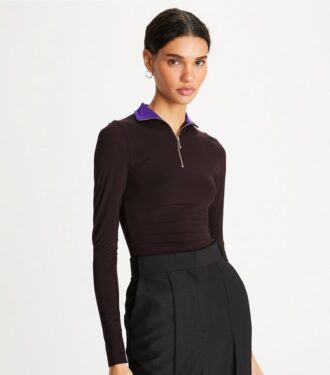 Langærmet jerseybluse med lynlås foran Langærmet jerseybluse med lynlås foran