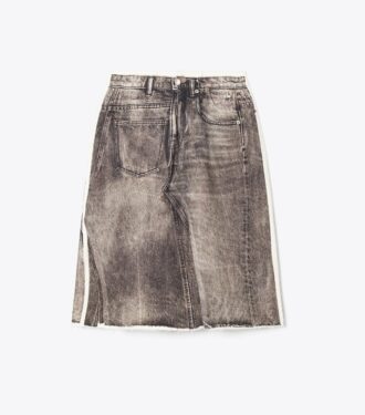 Overprintet dekonstrueret denimskørt