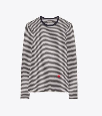 Stribet langærmet T-shirt i let ribstof